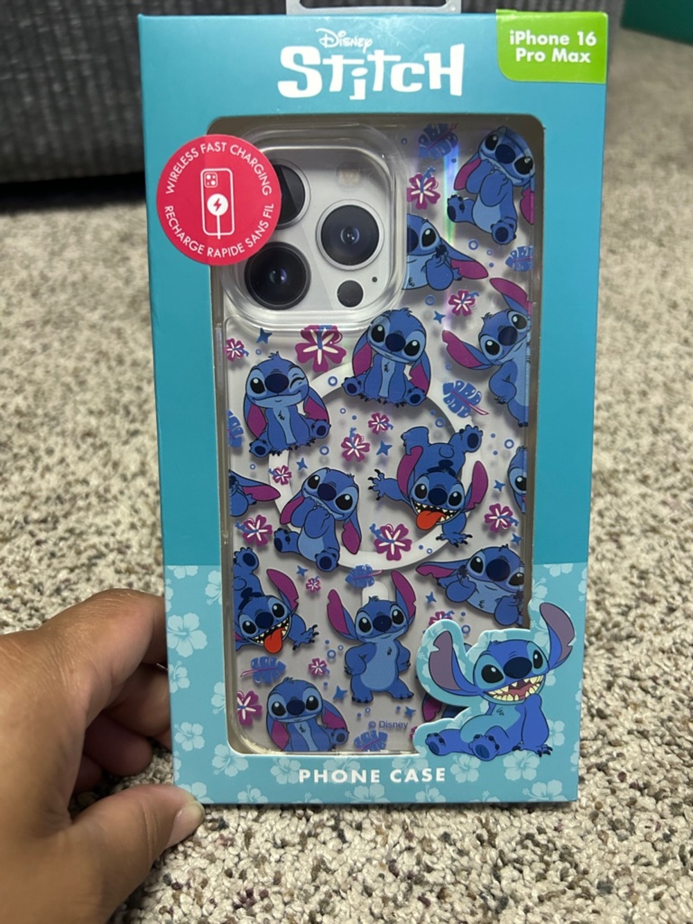 Disney Stitch Clear Phone Case with Blue & Pink Accents for iPhone 16 Pro Max